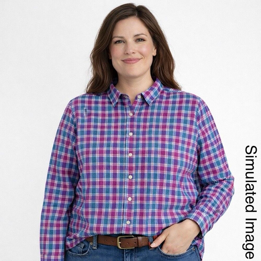 L.L.Bean Womens XL Plaid Button Front Shirt Pink Blue Stretch Cotton